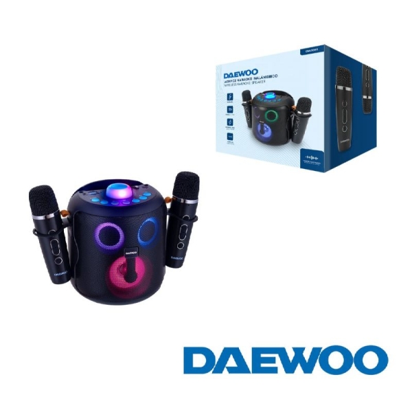 Daewoo DW3008 Altavoz Karaoke Portatil Bluetooth 5.4 de 15W - 2 Microfonos Inalambricos - Luces LED - Radio FM - USB/SD/Aux - Bateria 1800mAh - Carga USB‑C - Asa de Transporte y Soporte para Movil - Color Negro