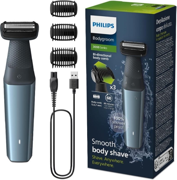 Philips Bodygroom Series 3000 Afeitadora Corporal Impermeable - Tecnologia SkinProtect con Seguimiento de Contornos 2D - 3 Peines - Recorte Bidireccional - 60min de Uso Inalambrico - Uso en Seco y en Ducha - Color Negro y Azul