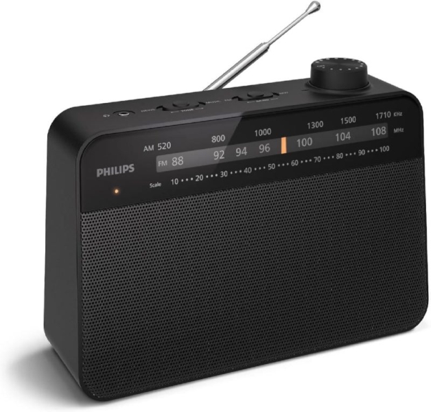 Philips TAR2509 Radio Portatil FM/AM - Altavoz 3.5” de Sonido Claro - Alimentacion por Pilas D o CA - Control de Tono - Sintonizacion Analogica con Indicador LED - Puerto Auriculares 3.5mm