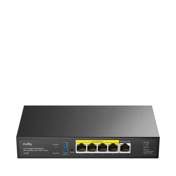 Cudy Router VPN - Ethernet 1Gbps - 4 Salidas GbE PoE - 60W - Administra hasta 200 Puntos de Acceso - USB 3.0 - Indicadores LED - Metal - 190x100x28mm - Color Negro