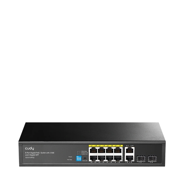 Cudy Switch 12 Puertos - Capacidad Conmutacion 24Gbps - 8x RJ45 PoE+ - 2x RJ45 GbE - 2x Gigabit SFP - Reinicio Automatico - Indicadores LED - 256x170x44mm - Color Negro