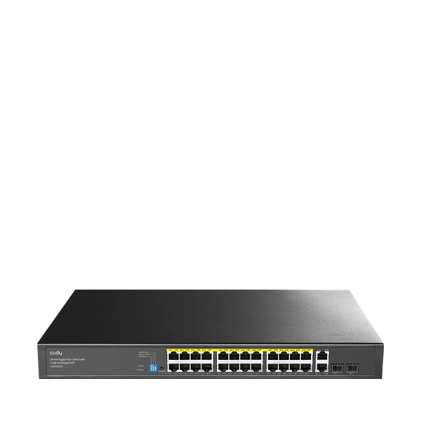 Cudy Switch 28 Puertos - Capacidad Conmutacion 56Gbps - 24x RJ45 PoE+ - 2x RJ45 GbE - 2x Gigabit SFP - Reinicio Automatico - Indicadores LED - 440x180x44mm - Color Negro