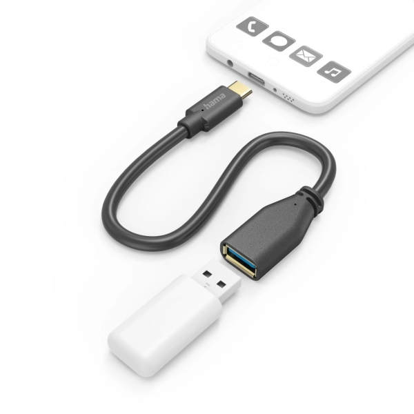 Hama Cable Adaptador USB-C a USB-A Hembra - Varias Velocidades - Cable 15cm - Incluye Accesorios - Funcion OTG - Color Negro