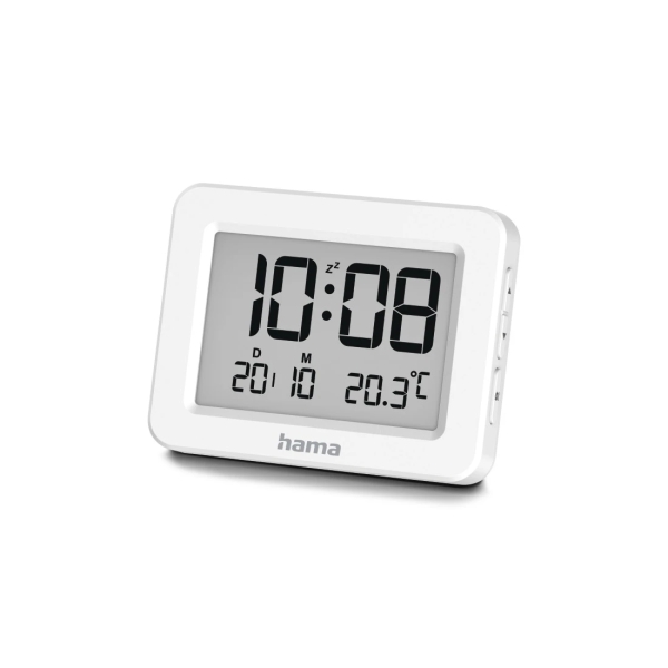 Hama Kos Radio Reloj Despertador - Pantalla Digital - Termometro - Funcion de Repeticion de Alarma - Zona Horaria Ajustable - 7x1.3x5.5cm - Color Blanco