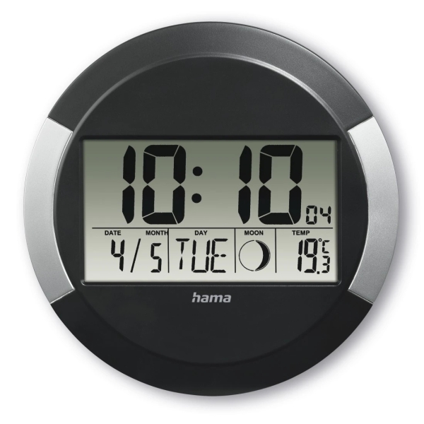 Hama Ischia Reloj de Pared Digital - Termometro - Visualizacion de Fases Lunares - Zona Horaria Ajustable - Radio - 24.5x1.5cm - Color Negro y Plata