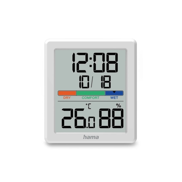 Hama Paros Medidor de Temperatura y Humedad para Interior - Pantalla Digital - Reloj - Precision 1ºC - Indicador de Confort - Permite Colgar en Pared - 8.5x1.8x9.5cm - Color Blanco
