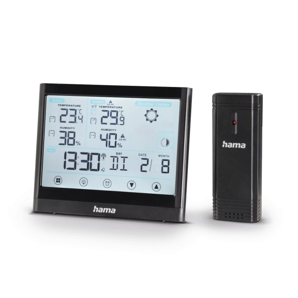 Hama Full Touch Estacion Meteorologica - Reloj - Pantalla Digital - Prevision Meteorologica - Sensor Exterior - Radiofrecuencia - Termometro - Higrometro - 140x2x114cm - Color Negro