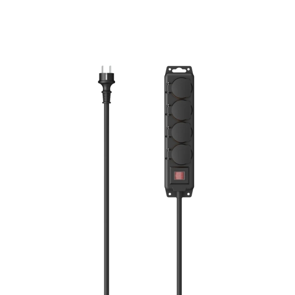 Hama Regleta Alimentacion con 4 Tomas - Potencia Maxima 3680W - IP44 - Cable 2m - Permite Montaje en Pared - Enchufe Schuko Recto - 7.2x3.2x32.2cm - Color Negro
