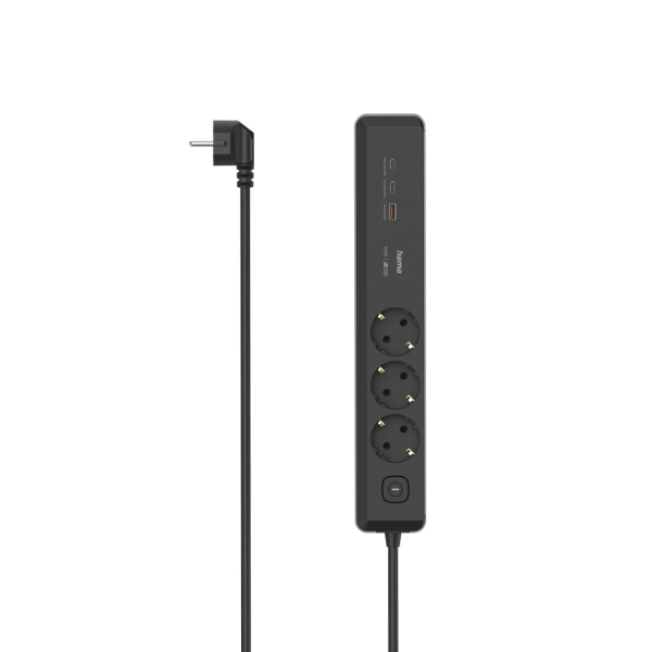 Hama Regleta Alimentacion con 6 Tomas - Cable 1.4m - 3x Schuko - 2x USB-C - 1x USB-A - Interruptor de Encendido - Enchufe Schuko en Angulo - Power Delivery - 4.4x6x33cm - Color Negro y Gris