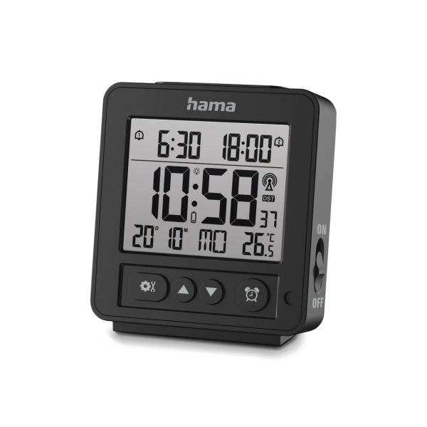 Hama Rhodes Radio Reloj Despertador - Pantalla Digital - Termometro - Funcion de Repeticion de Alarma - 2 Alarmas Configurables - Zona Horaria Ajustable - 9x2.5x10cm - Color Negro