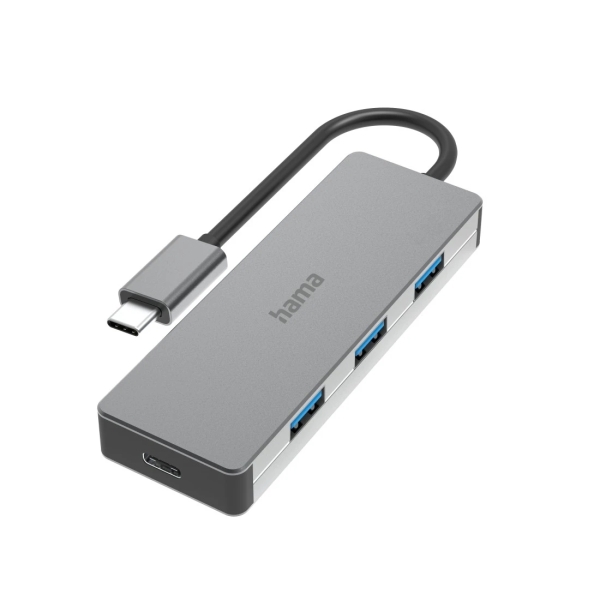 Hama Essential Hub USB 3.2 - Cable USB-C Integrado de 15cm - USB-C - 3x USB-A - Color Gris