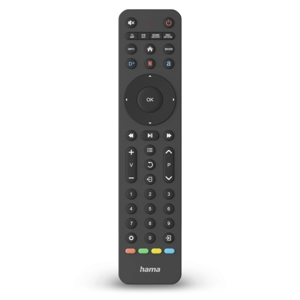 Hama Mando a Distancia para TV - Universal - Alcance 10m - 43 Botones - Acceso Directo a Plataformas de Streaming - Permite 8 Dispositivos Simultaneos - 20.2x4.7x2.1cm - Color Negro