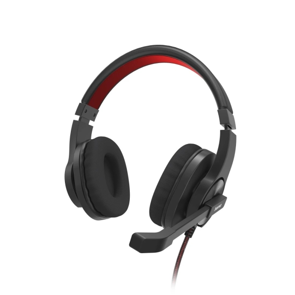 Hama Hs-USB400 V2 Auriculares con Microfono Omnidireccional - Cable 2m - Diadema Ajustable - Almohadillas de Malla - Color Negro y Rojo
