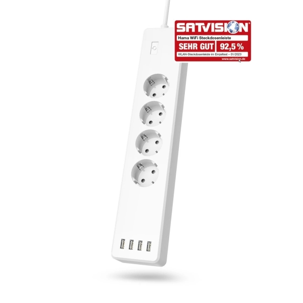Hama Regleta Alimentacion Inteligente con 8 Tomas - Cable 1.7m - 4x Shuko - 4x USB-A - Compatible con Asistente de Voz - Interruptor de Encendido - WiFi - 35x7x4.3cm - Color Blanco