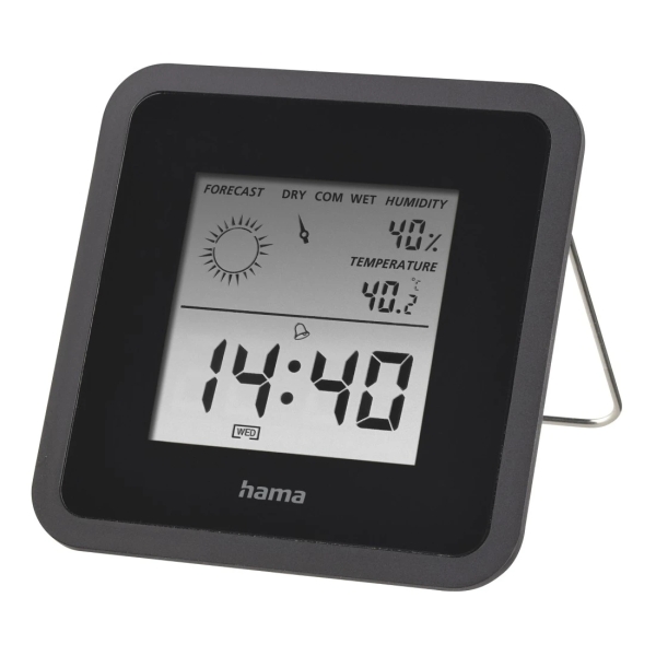 Hama Medidor de Temperatura y Humedad para Interior - Pantalla Digital - Reloj - Funcion de Alarma - Prevision Meteorologica - Memoria de Datos - Indicador de Confort - 8x1.2x8cm - Color Negro