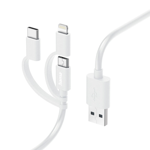 Hama Cable de Carga USB 3 en 1 - Terminales Intercambiables - Longitud 1m- USB-A - USB-C - Micro-USB - Lightning - Velocidad hasta 480Mbps - Niquelado - Color Blanco