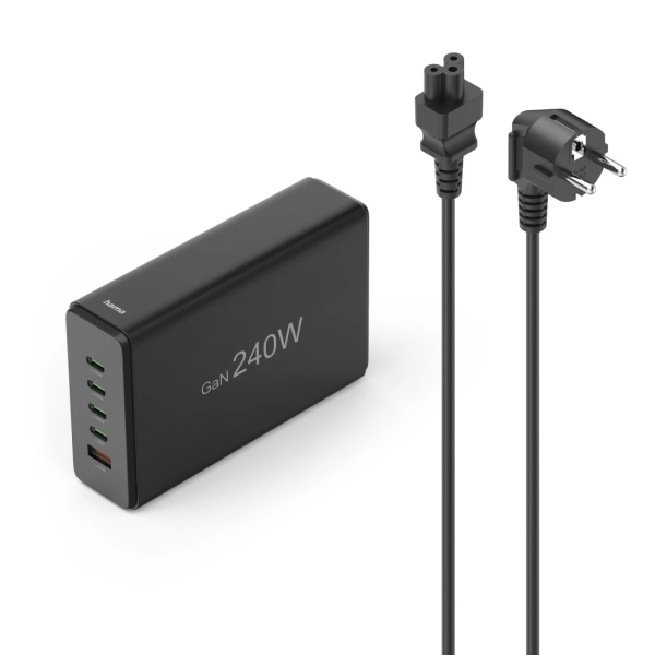Hama Estacion de Carga USB - Cable 1.5m - 4x USB-C - USB-A - Power Delivery - Qualcomm - GaN - 7.9x12x3.5cm - Color Negro