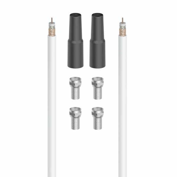 Hama Essential Set de Conexion Satelital con 7 Piezas - Cable Coaxial de 20m - Conector F x4 - 2 Fundas de Proteccion Climatica - Apantallamiento 100dB