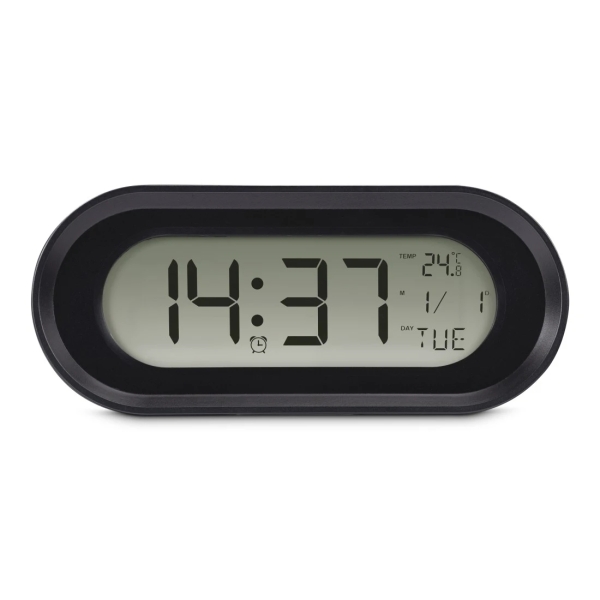 Hama Samos Reloj Despertador Digital - Patalla LCD - Funcion de Repeticion de Alarma - Alarma de Aniversario - Termometro - 15x5x6.3cm - Color Negro