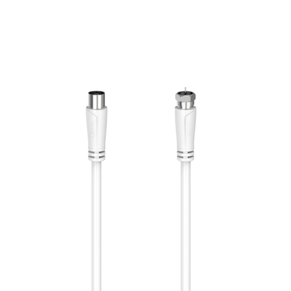 Hama Essential Cable Coaxial de Antena - Longitud 3m- Coaxial Hembra - Conector F Macho - Doble Blindaje - Apantallamiento 90dB - Impedancia 75Ohm - Color Blanco