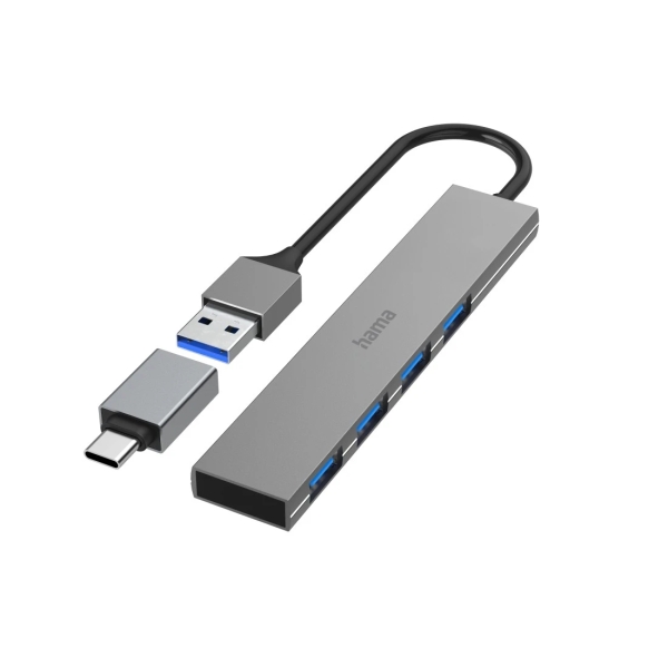 Hama Prime Hub USB 3.2 - Cable USB-A Integrado de 15cm - USB-A Hembra x4 - Adaptador USB-A a USB-C - 10.7x2.1x0.7cm - Color Gris