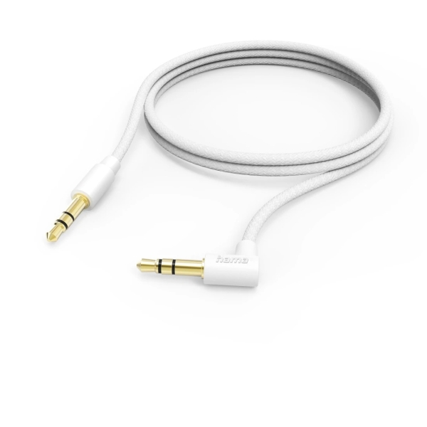Hama Cable de Audio Acodado 90º - Jack 3.5mm Macho - Longitud 0.5m - Estereo - Contactos Chapados en Oro - Color Blanco