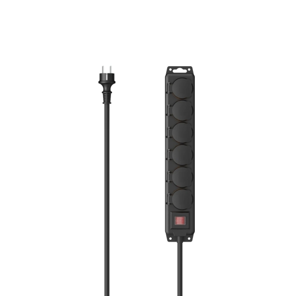 Hama Regleta Alimentacion para Exterior con 6 Tomas - Potencia Maxima 3680W - IP44 - Cable 2m - Interruptor de Encendido - Enchufe Schuko Recto - 7.2x4.7x43.1cm - Color Negro