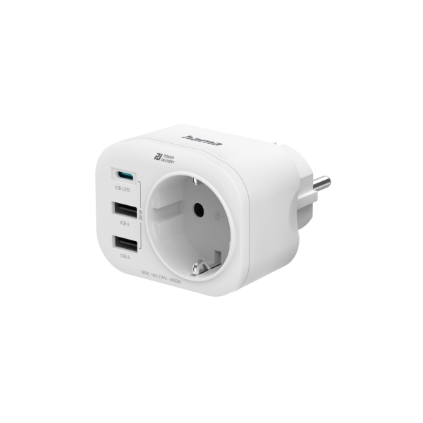 Hama Regleta de Pared con 4 Tomas - 1x Schuko - 2x USB-A - 1x USB-C - Potencia USB de 20W - Color Blanco