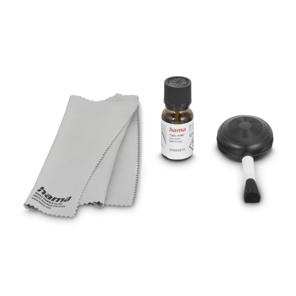 Hama Wet Set de Limpieza para Camaras - Pincel Soplador - Bayeta de Microfibra - Limpiador Liquido - Incluye Bolsa
