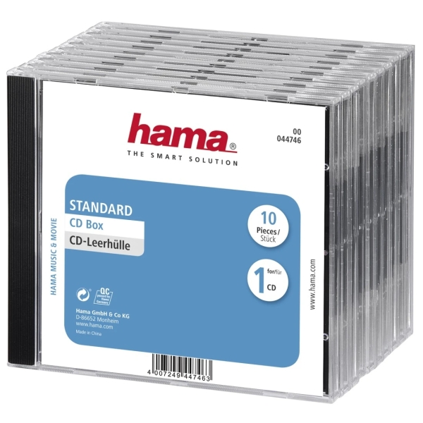 Hama Pack de 10 Cajas Vacias para CD/DVD - Poliestireno - 14x12.4x1.04cm - Color Negro y Transparente