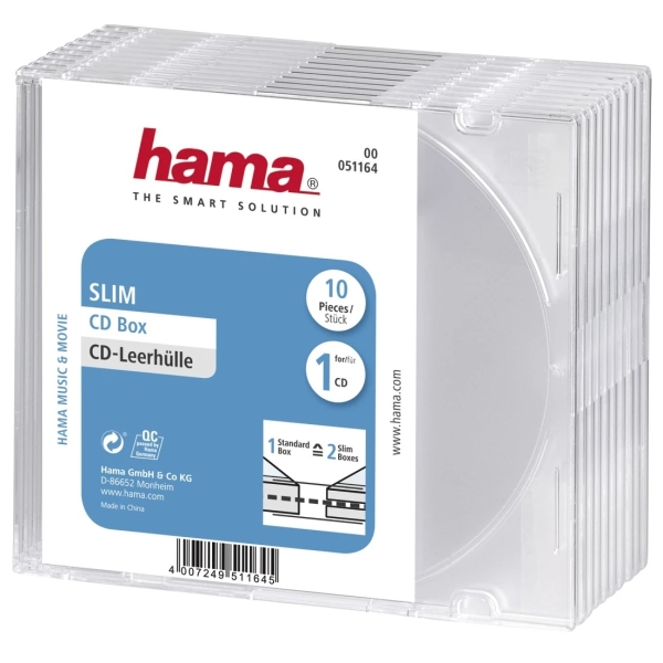 Hama Slim Pack de 10 Cajas Vacias para CD/DVD - Poliestireno - 12.5x14.2x0.52cm - Color Transparente