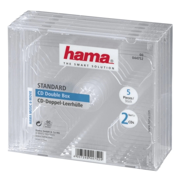 Hama Pack de 5 Cajas Dobles Vacias para CD/DVD - Poliestireno - 14x12.4x1.04cm - Color Transparente