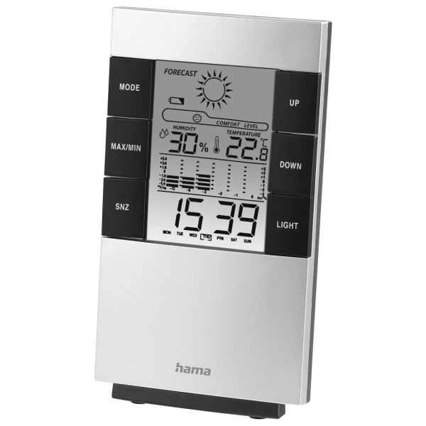 Hama Medidor de Temperatura y Humedad para Interior - Pantalla Digital - Reloj - Alarma - Prevision Meteorologica - Memoria de Datos - Permite Colgar en Pared - 8x1.8x13.4cm - Color Negro y Plata