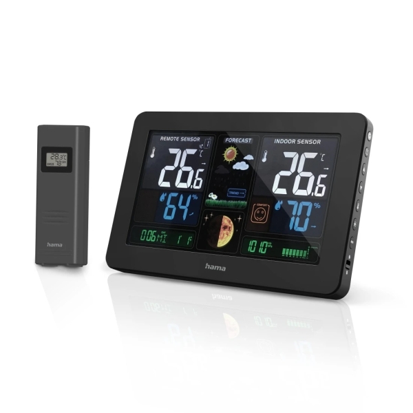 Hama Premium Estacion Meteorologica - Reloj - Prevision Meteorologica - Sensor Exterior - Radiofrecuencia - Termometro - Higrometro - 20.5x3x13cm - Color Negro