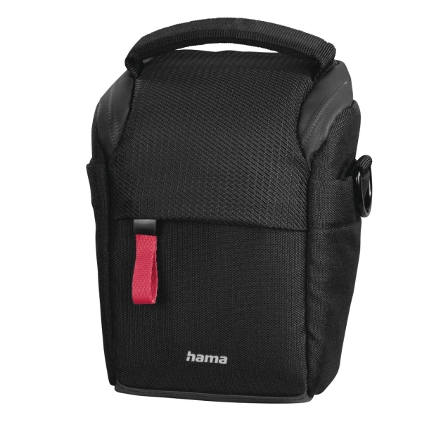 Hama Matera Funda para Camara - Poliester Reciclado - Asa para Cinturon - Compartimento Separados para Objetivo - Asa de Mano - 8x7.5x13cm - Color Negro