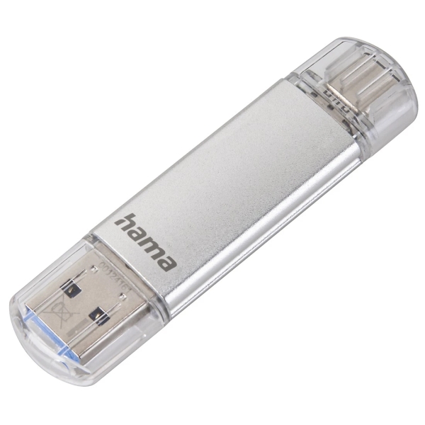 Hama Laeta Memoria Pendrive USB 3.0 con Tapa - 64GB de Capacidad - 40Mb/s de Transferencia - Funcion OTG - USB-C - USB-A - Cuerpo Metalico - Color Plata