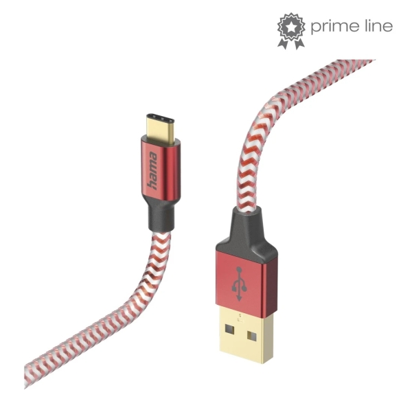 Hama Reflective Cable USB - Longitud 1.5m - USB-A Macho - USB-C Macho - Nailon - Velocidad hasta 480Mbps - Chapado en Oro - Color Rojo