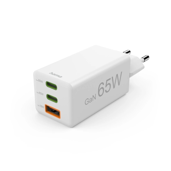 Hama Cargador de Pared - Potencia 65W - 2x USB-C - USB-A - Power Delivery - Qualcomm - GaN - Color Blanco