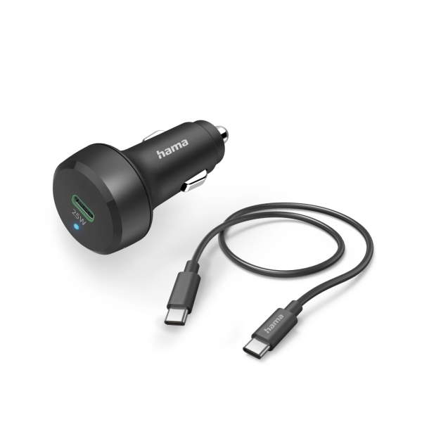 Hama Cargador de Coche 25W - Cable USB-C de 1m - Pantalla LED - Power Delivery - Qualcomm 2.0 - Color Negro