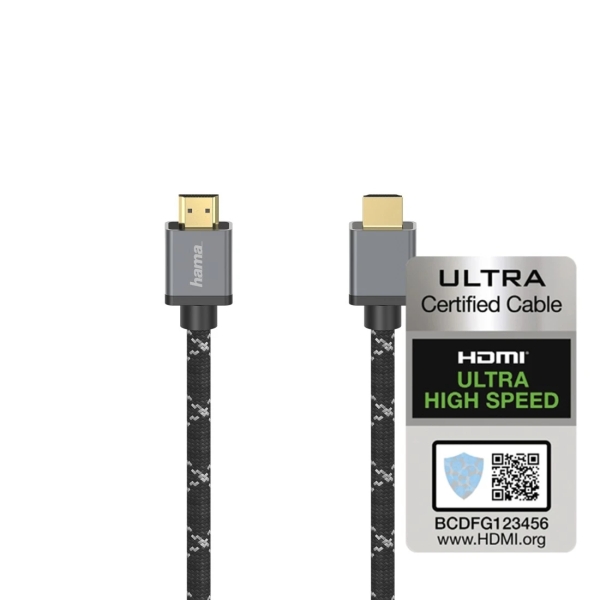Hama Prime Cable HDMI 8K Macho - Longitud 3m - Certificado - Soporta eARC y 3D - Terminales Chapados en Oro - Ethernet - Velocidad hasta 48Gbps - Blindaje Completo - Color Gris