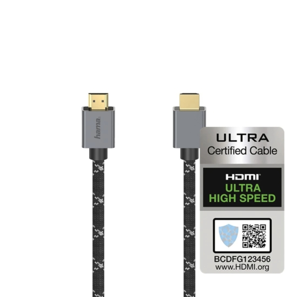 Hama Prime Cable HDMI 8K Macho - Certificado - Longitud 2m- Soporta eARC - Terminales Chapados en Oro - Ethernet - Velocidad hasta 48Gbps - Doble Blindaje - Color Negro y Gris