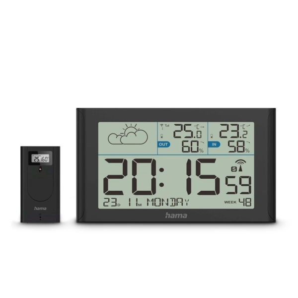 Hama Sylt Estacion Meteorologica - Reloj - Prevision Meteorologica - Sensor Exterior - Radiofrecuencia - Termometro - Higrometro - 25x3x14cm - Color Negro