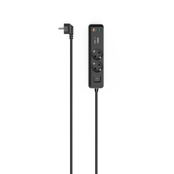 Hama Regleta Alimentacion con 5 Tomas - Potencia Maxima 3680W - Cable 1.4m - 2x Schuko - 2x USB-C - 1x USB-A - Interruptor de Encendido - Enchufe Schuko en Angulo - 5.3x4x22.5cm - Color Negro y Gris
