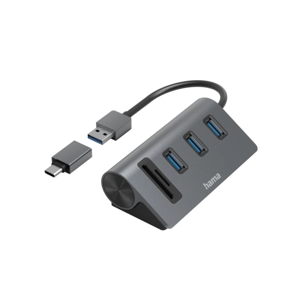 Hama Essential Hub USB 3.2 - Cable USB-A Integrado - Adapatador USB-C - Tarjeta SD - Tarjeta Micro-SD - 3x USB-A - Color Negro y Gris