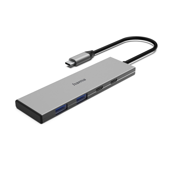 Hama Essential Hub USB 3.2 - Potencia Maxima 100W - Cable USB-C Integrado de 15cm - 2x USB-C - 2x USB-A - Power Delivery - Color Gris