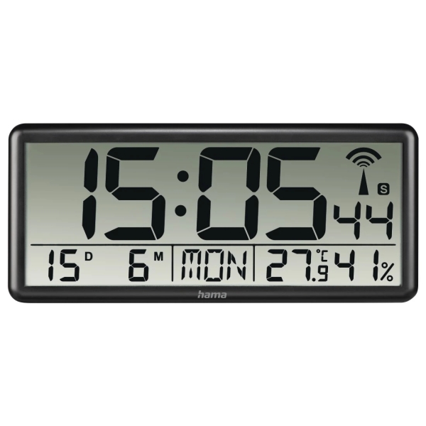 Hama Jumbo Reloj de Pared Digital - Termometro - Higrometro - Zona Horaria Ajustable - Radio - 36x16x3cm - Color Negro