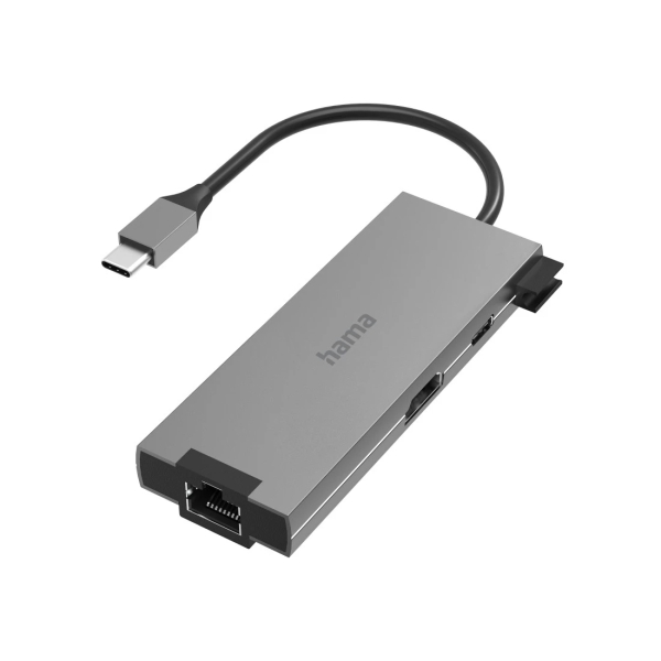 Hama Essential Hub USB 3.2 - Potencia Maxima 100W - Cable USB-C Integrado de 15cm - LAN Ethernet 1Gbps - HDMI 4K - USB-C - 2x USB-A - Power Delivery - Color Gris