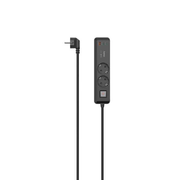 Hama Regleta Alimentacion con 5 Tomas - Potencia Maxima 3680W - Cable 1.4m - 2x Schuko - 2x USB-C - 1x USB-A - Interruptor de Encendido - Enchufe Schuko en Angulo - 5.3x4x22cm - Color Negro