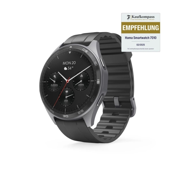Hama 7010 Reloj Inteligente Smartwatch - Bluetooth 5.3 - Bateria 300mAh - Pantalla AMOLED 1.43" - IP68 - Soporta hasta 3 Atm - Pulsera de Silicona - GPS Integrado - 4.6x1.2x5.3cm - Color Gris Oscuro