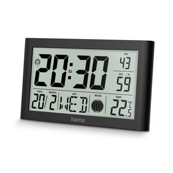 Hama Martinique Reloj de Pared Digital - Termometro - Visualizacion de Fases Lunares - Zona Horaria Ajustable - Radio - 20x12x2.6cm - Color Negro